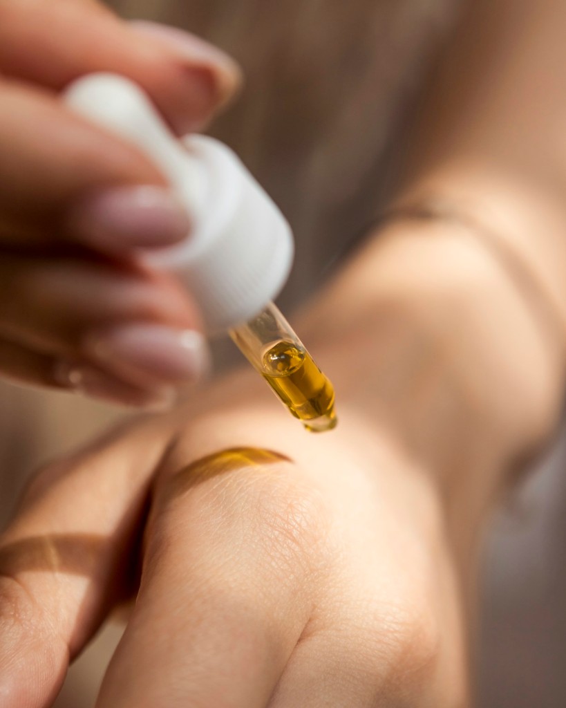 Serum dropper applying skincare to skin